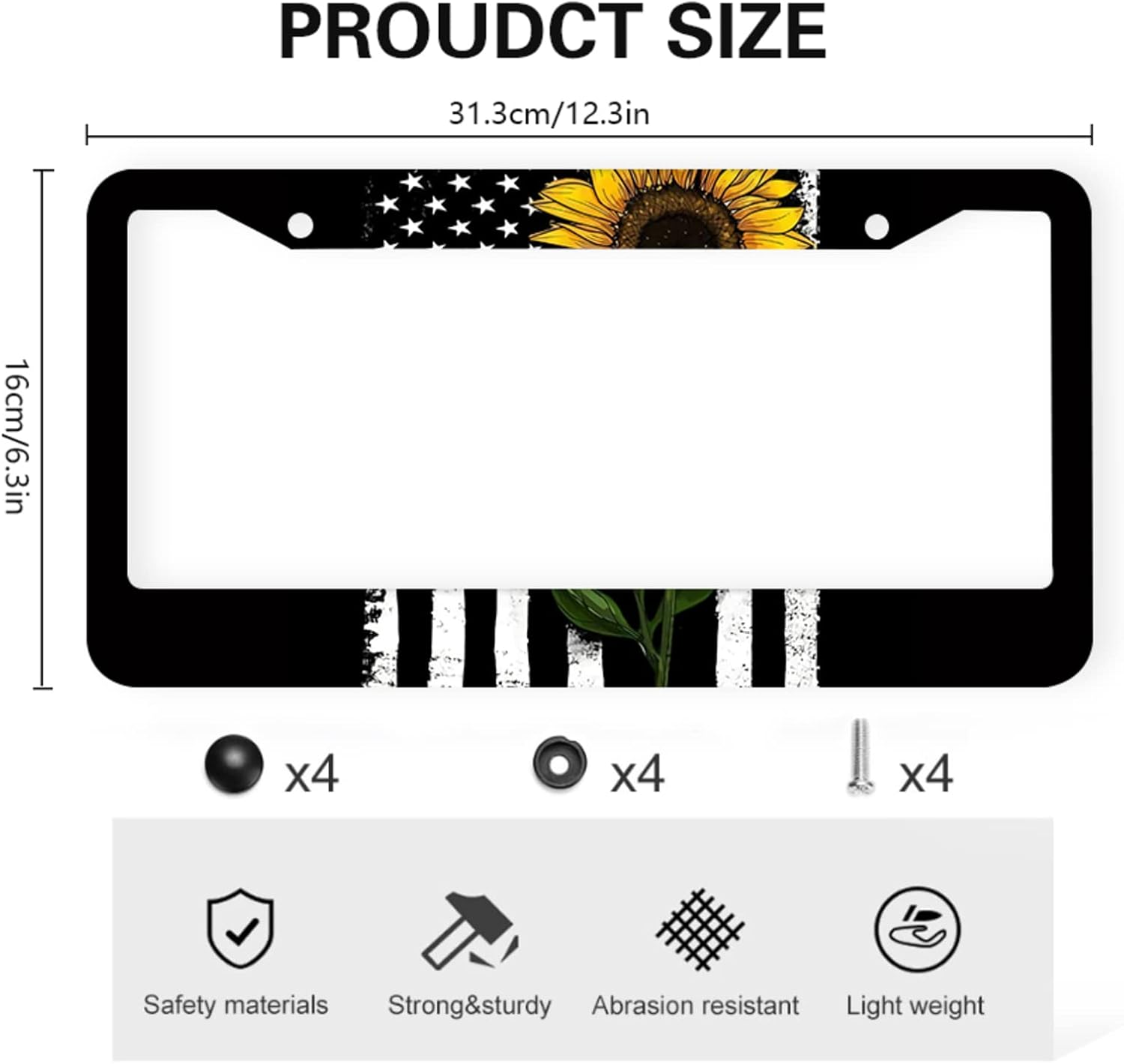 American Flag Sunflower Flower License Plate Frames 2 Pack 2 Holes Aluminum License Plate Cover with 2 Pcs Car Coasters and Screw and Black Screw Caps for Girl Women Men Gifts