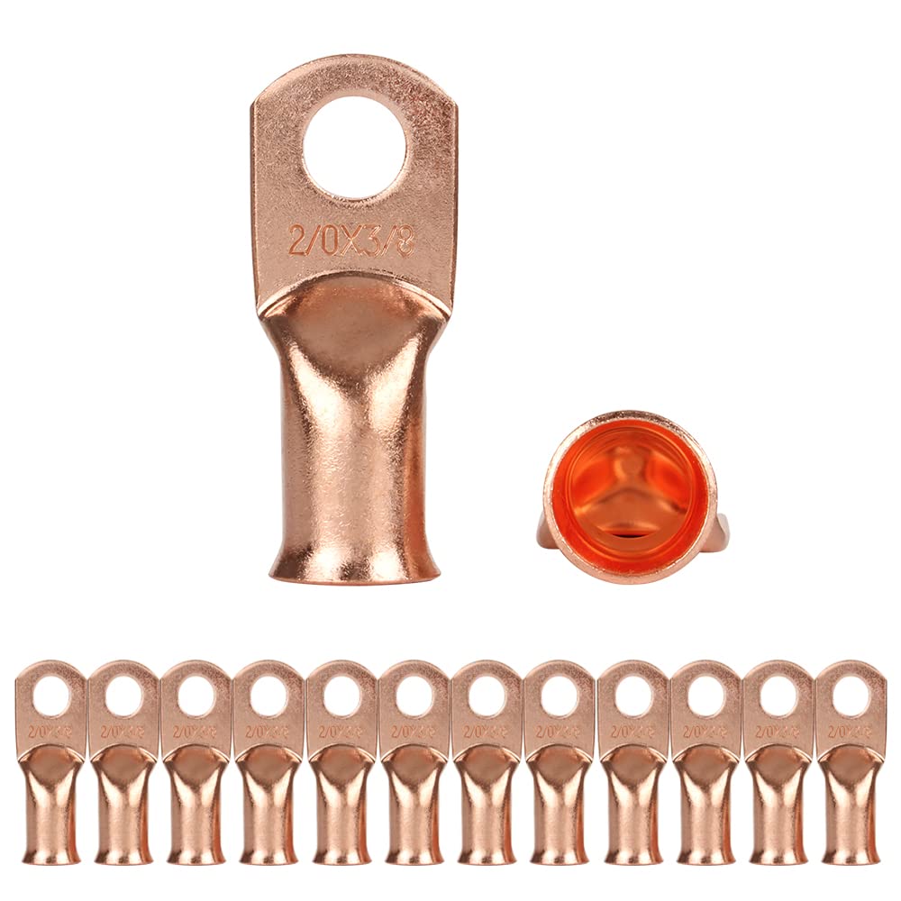 EVARSOL 12PCS 2/0AWG x 3/8'' Battery Lugs Heavy Duty Wire Lug Copper