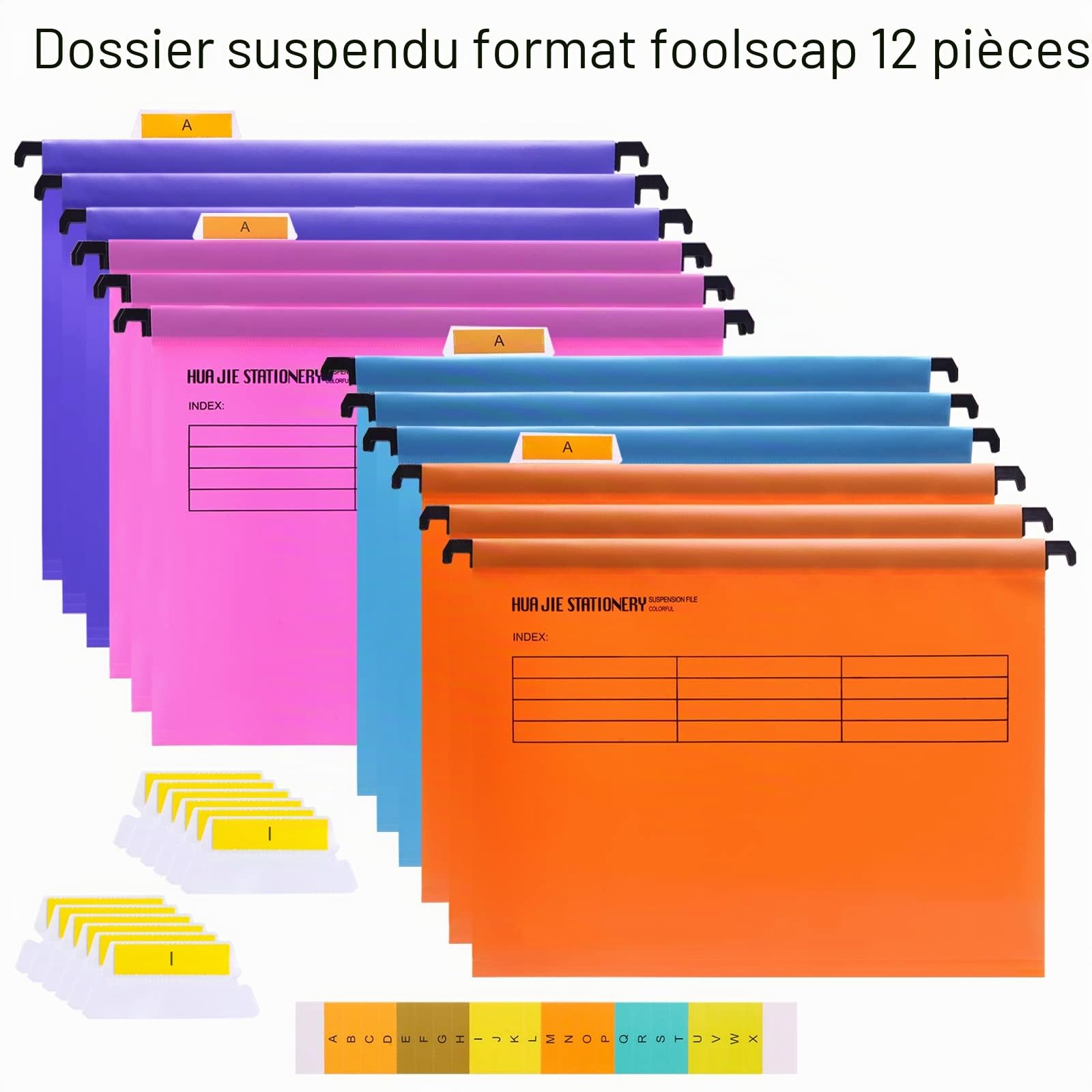 Lot de 12 Grande Dossiers Suspendus Foolscap avec Onglets et inserts en Carte, 4 Couleurs, Mesure 41 x 25 x 37 cm, en Polypropylène, pour Bureau Maison