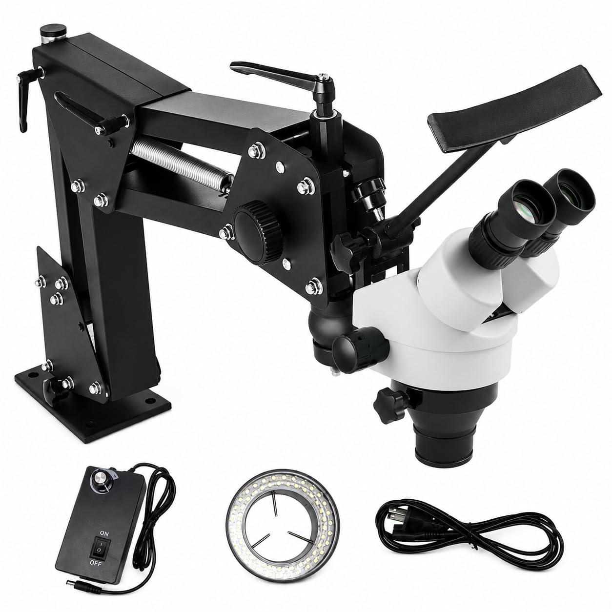 Microscopio estéreo 7X-45X con soporte de resorte para ajuste de joyas, 77 mm | Oculares WF10X, objetivo 0.5X, brazo ajustable de 360° y distancia interpupilar de 77 mm