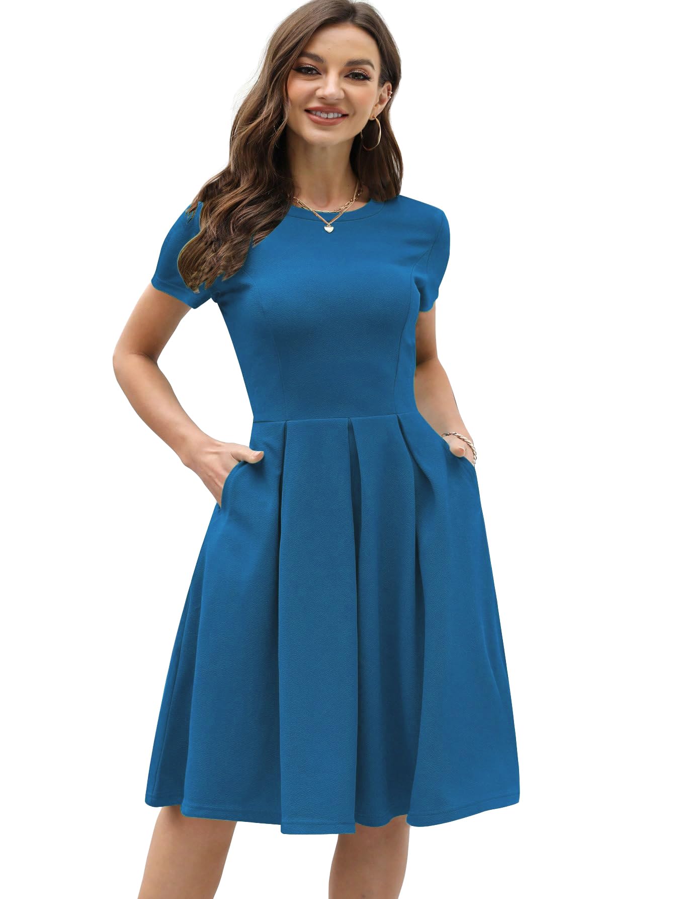 Shasmi Girl's & Women's Solid Cadet Blue Color Solid Slant Pocket Fold Pleated, Women Cocktail Party Vintage Style With Pockets Big Swing Simple Retro Dress (Dress 166 Falsa Blue-S)
