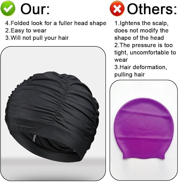 2 gorros de natación para mujer, gorro de natación elástico, transpirable, gorro de natación de pelo largo para verano, playa, vacaciones y piscina interior (negro) - 5