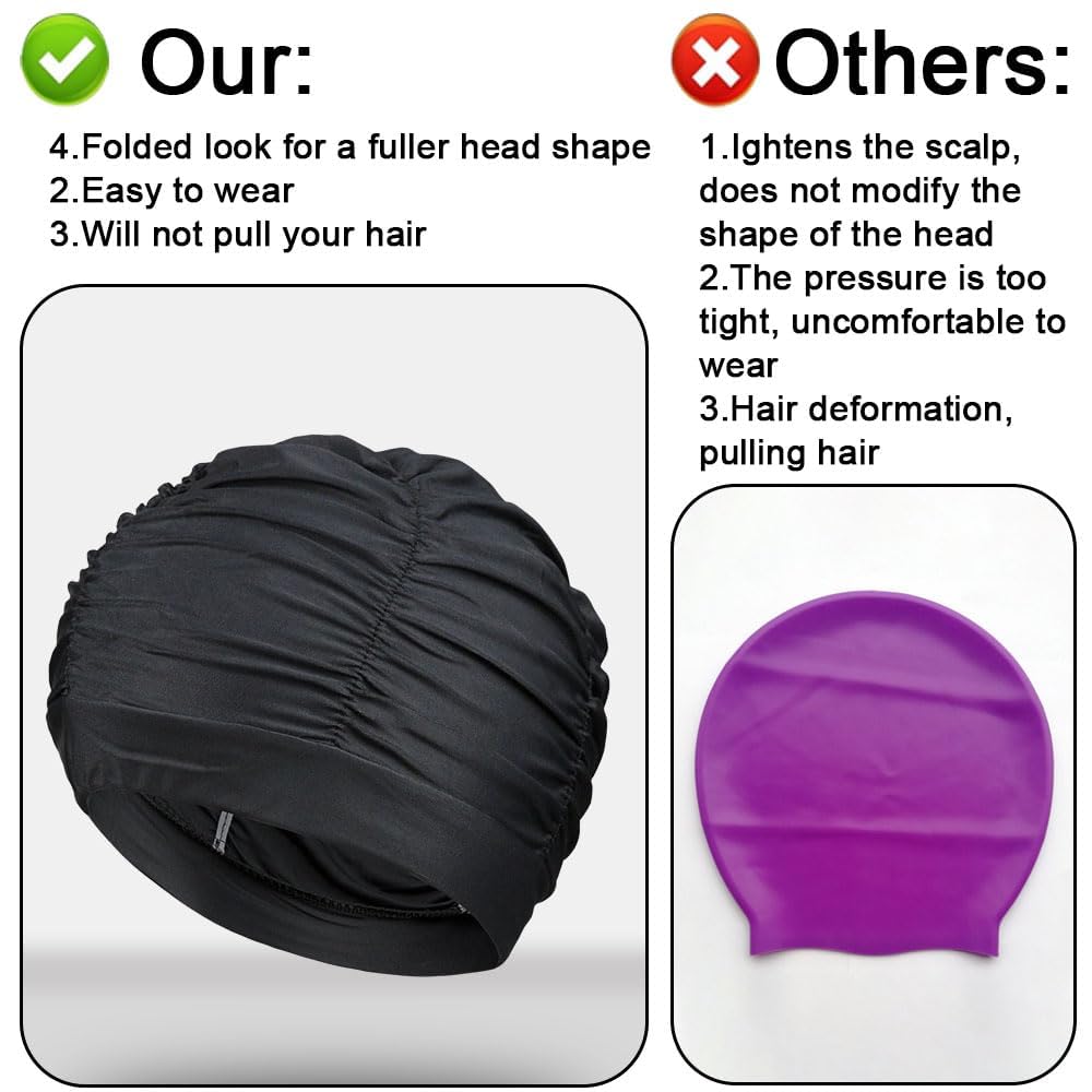 2 gorros de natación para mujer, gorro de natación elástico, transpirable, gorro de natación de pelo largo para verano, playa, vacaciones y piscina interior (negro)