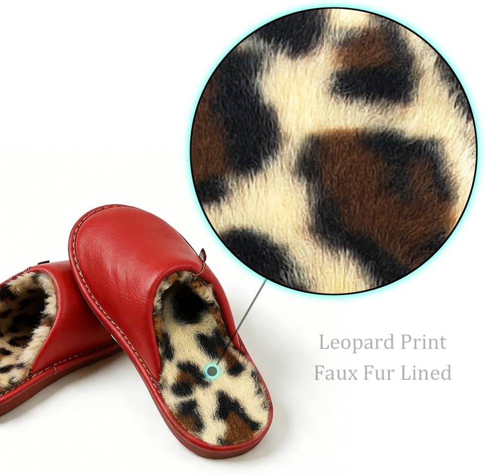 Women’s Closed Toe House Slippers, Leopard Print Faux Fur Lined, Water-Resistant Upper Indoor Outdoor Slip-On Shoes - Image 6