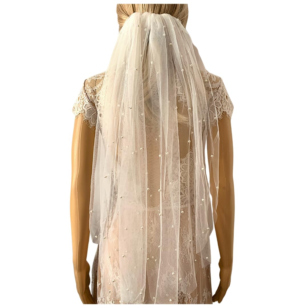 Ivory Brautschleier Schleier Brautkleid Perlen 75 cm SCHLICHT ELEGANT 1 lagig Kamm