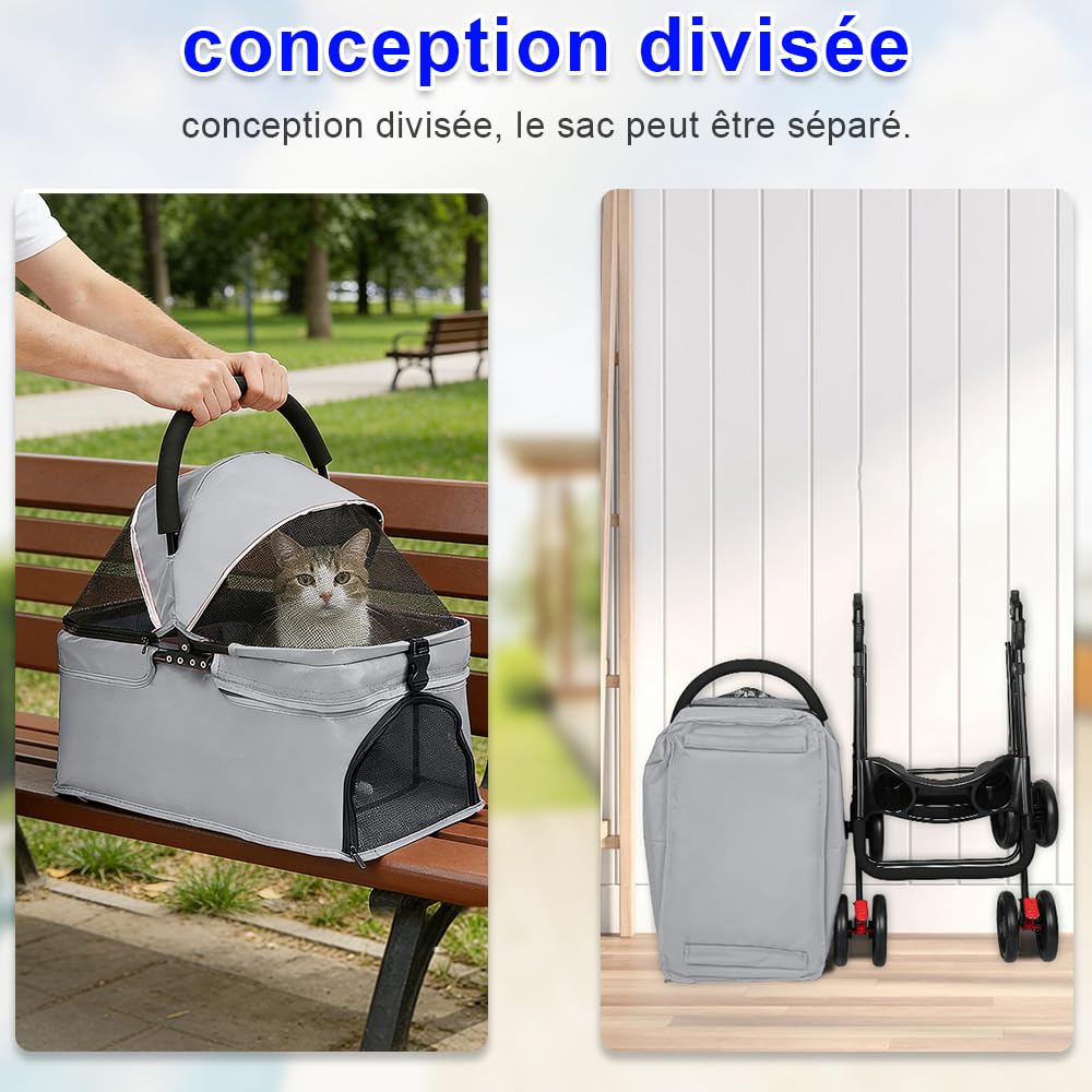 OHMG Poussette Chien 3-en-1, Poussette pour Chat Pliable, Panier de Rangement, Fenêtre en Filet, pour Petits Chiens et Chats, Jusqu'à 25 kg, 4 PCS Roues Résistant à l'Usure à 360°