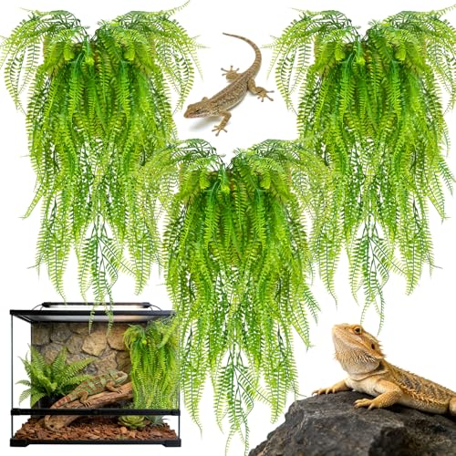 RAINFLOW 3PCS Artificial Terrarium Plants - Lifelike Reptile Habitat Vines Fake Hanging Plants with Bendable Vine Reptile Tank Accessories for Bearded Dragon Chameleon Lizard Snake Cage Decor