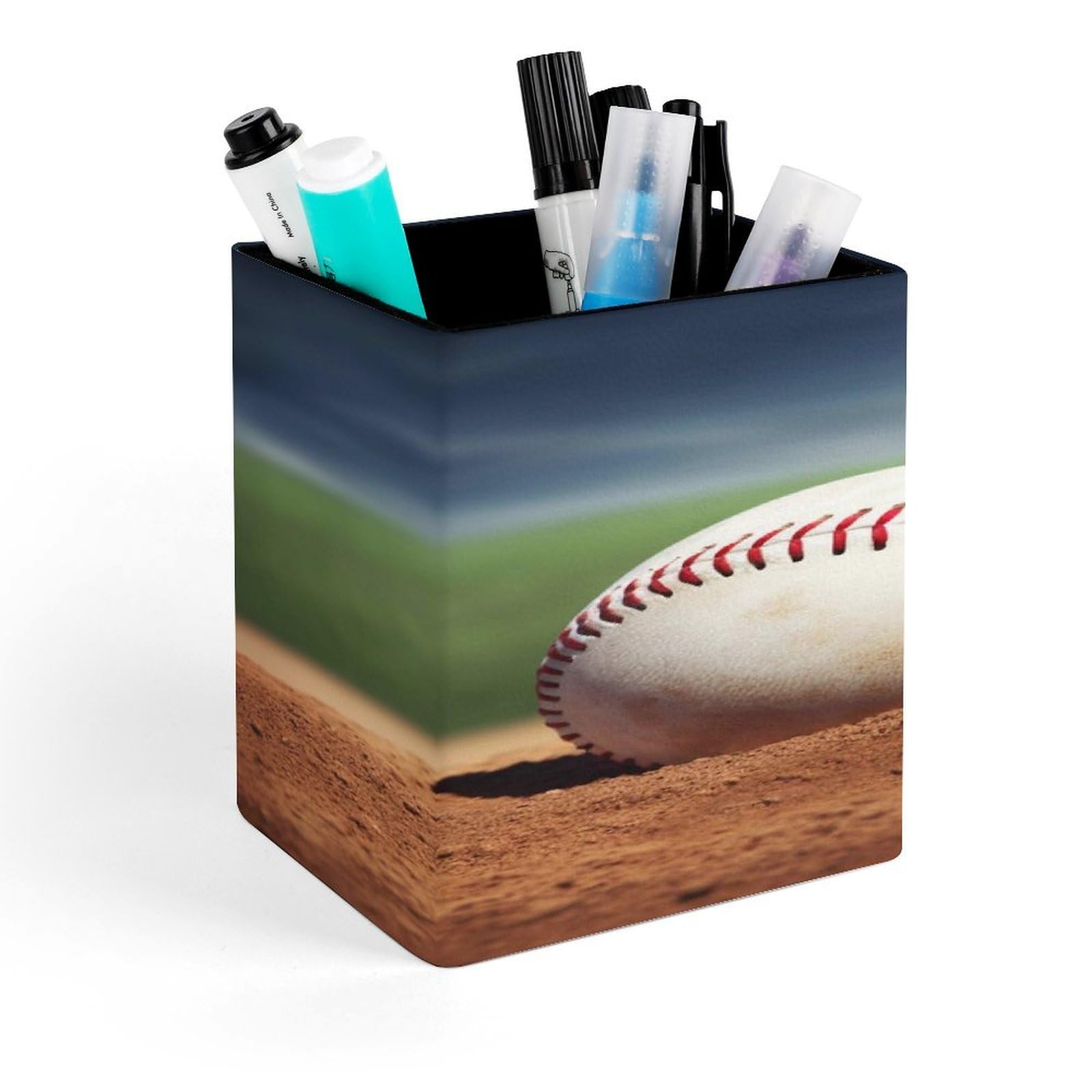 LZQPOEAS Baseball Square Pen Pencil Holder PU Leather Pencil Cup Desktop Stationery Organizer Office Accessories Container