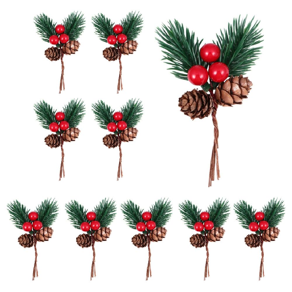 CCUUHJ 10 Pcs Christmas Pine Cone Picks Decorations Artificial Christmas Picks and Sprays Red Berry Stem Branches with Holly Leaves for Xmas Tree Christmas Wreath Decor (10pcs)