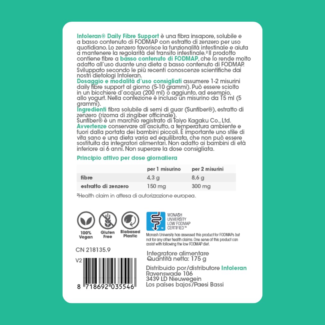 Intoleran Daily Fibre Support - 175 gram di Farina di Guar e Estratto di Zenzero | Per integrare l'assunzione giornaliera di fibre e supportare la funzione intestinale | 100% solubile | Low FODMAP