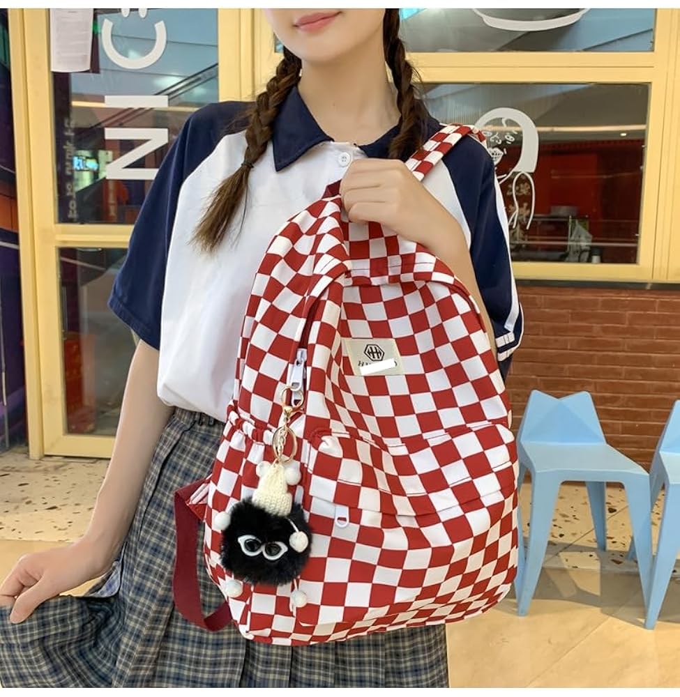 Y2K backpack チェック タータン Backpack Pink Checker Pattern Cute Y2K Design, Nostalgia