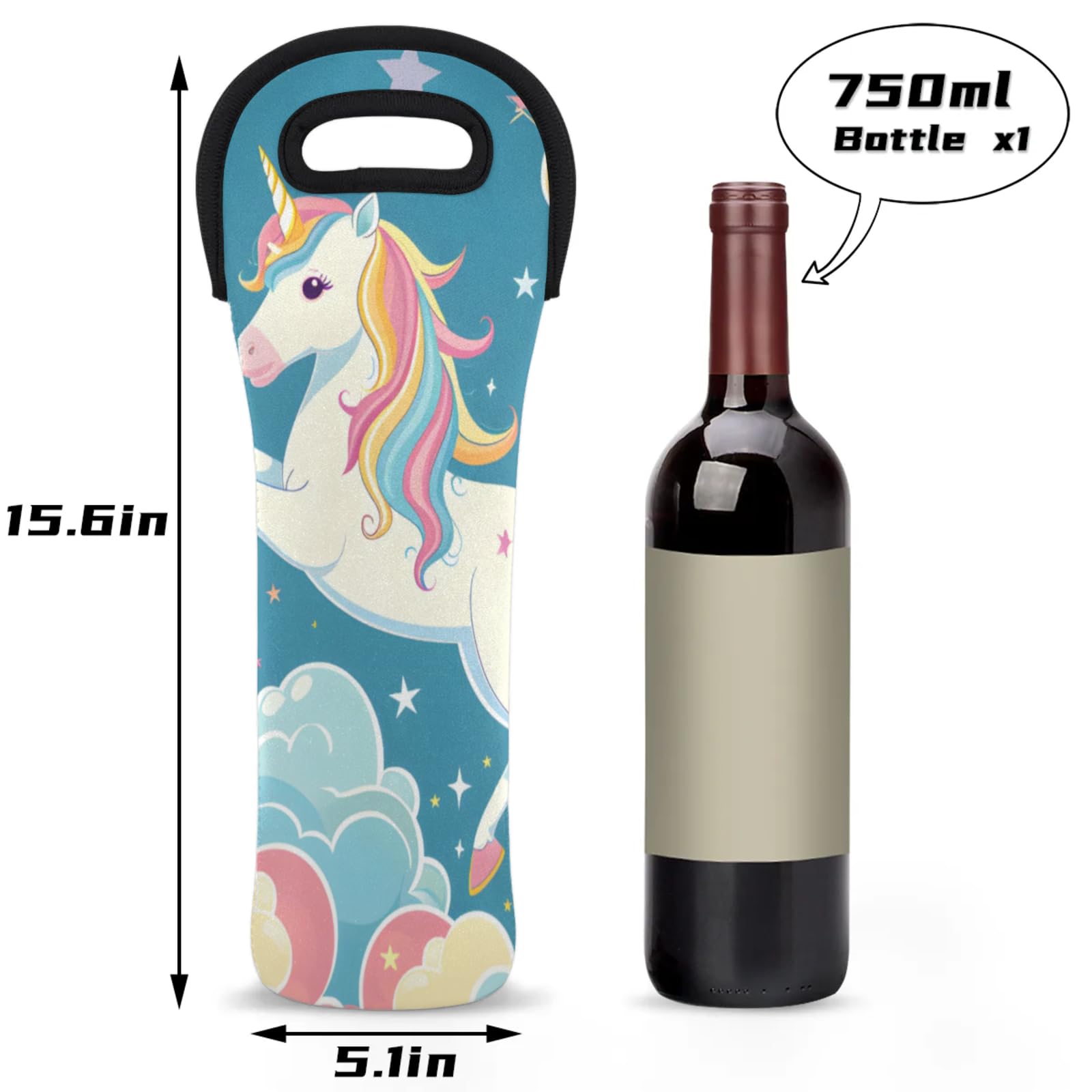 Neoprene Wine Tote Carrier Bag for Wine,Water, Champagne, Beer, Baby Bottles 15.6 x 5.1 Inches, Protective Wine Bag,Cute Unicorn