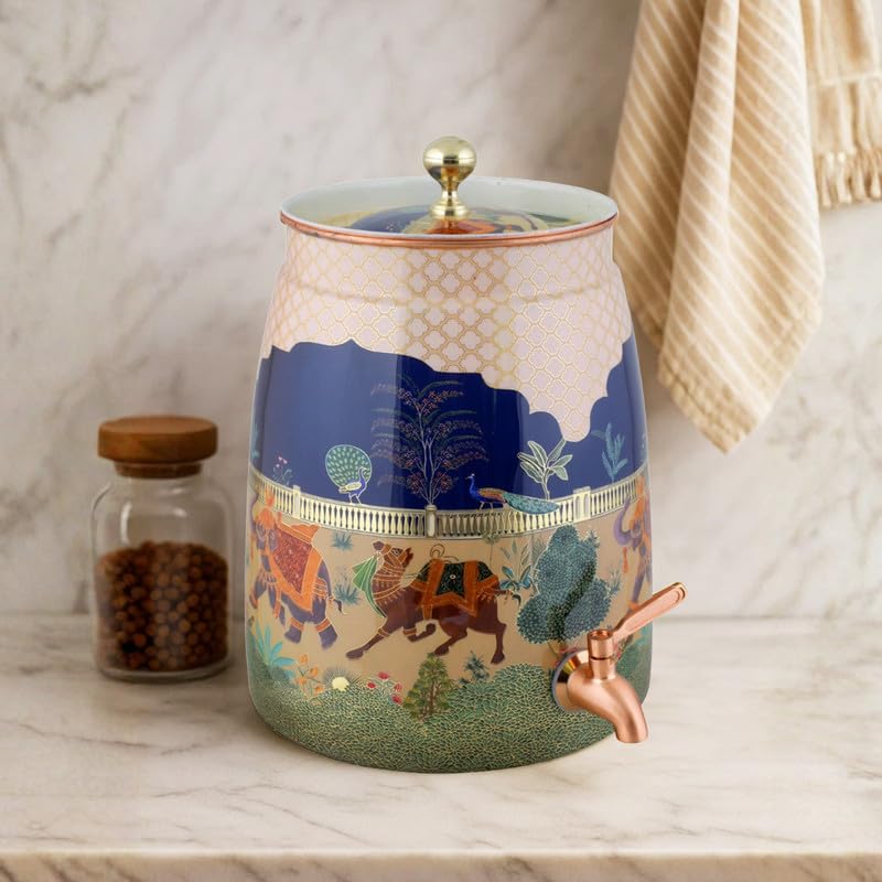 Image of VIP Copper Matka | Decorative Drinking Water Pot with Tap | Beautiful Printed Design | Healthy Storage for Home & Kitchen | Large 9 L Capacity
