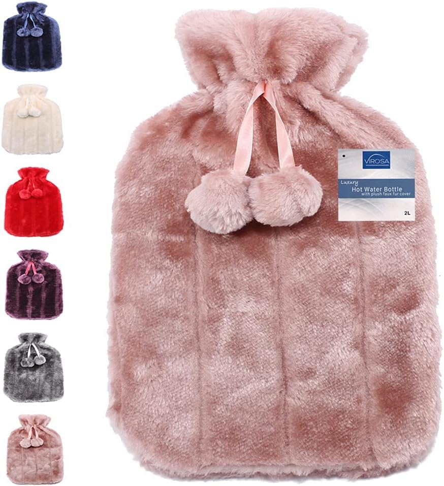 VIROSA Luxury Hot Water Bottle with Soft Faux Fur Cover & Pom Poms – 2 Litre Large Leakproof Rubber Bottle for Neck, Shoulder, Back Pain Relief & Hand and Feet Warmer (Plum)