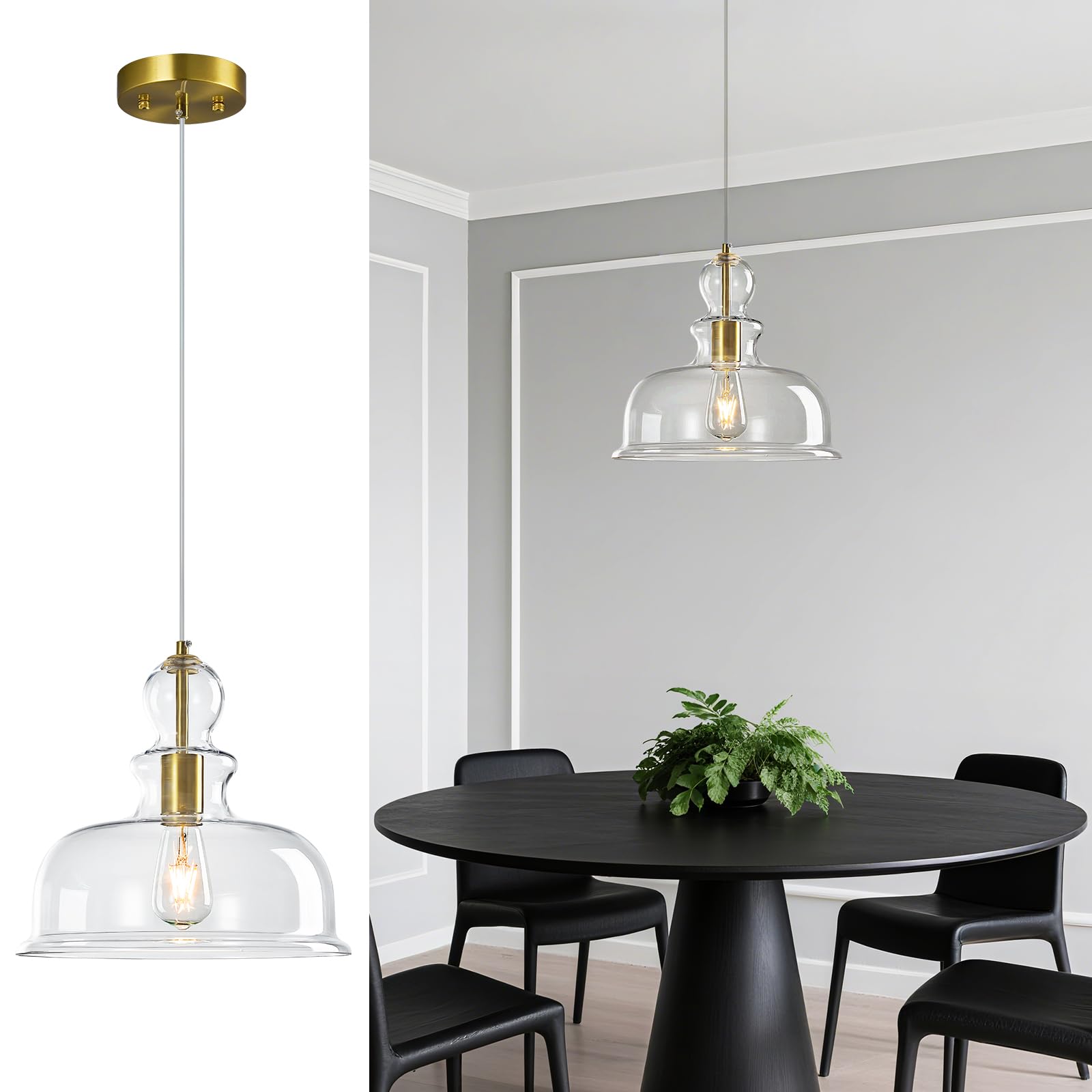 Lámparas de cristal transparentes en forma de campana, lámparas colgantes modernas con acentos dorados, ideales para la iluminación de cocinas, comedores y dormitorios (Gold-C)