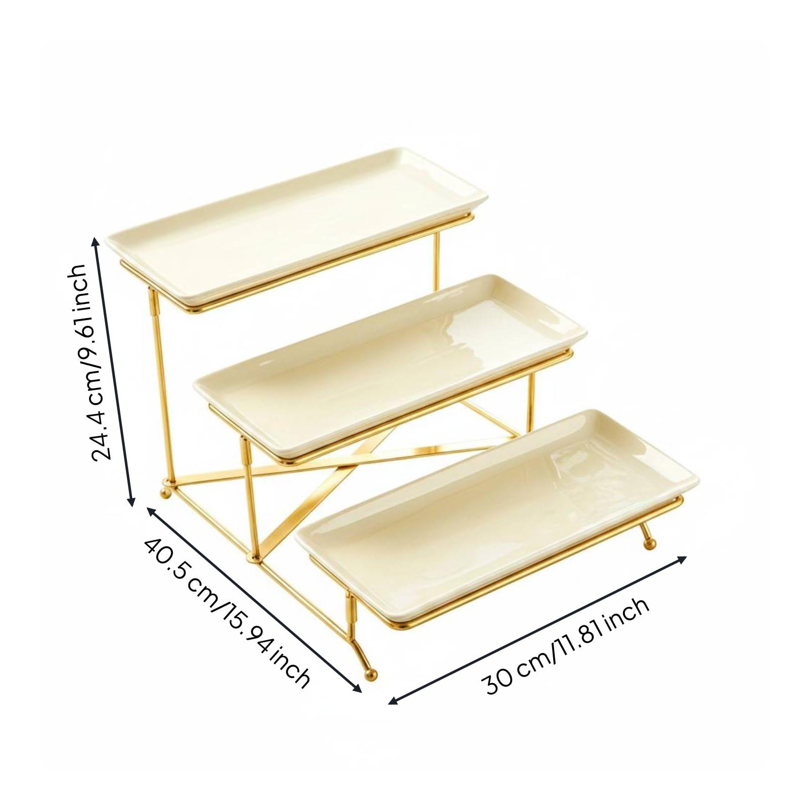 KESOTO Soporte para Postres Bandeja Cerámica Estante Metálico Presentación Escalonada Orden Desayunos Fiestas Adecuado para Celebraciones Fiestas Infantiles, 3-Layer Plate Set