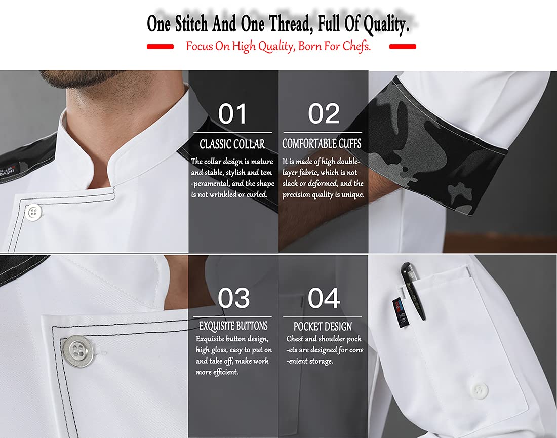 Giacca da Cuoco da Donna Uomo Cappotto Giacca da Cuoco a Maniche Lunghe Uniforme da Cuoco Traspirante Top Giacca da Cuoco Unisex Leggera Abbigliamento per Hotel Ristorante Panetteria Fornello,Bianca