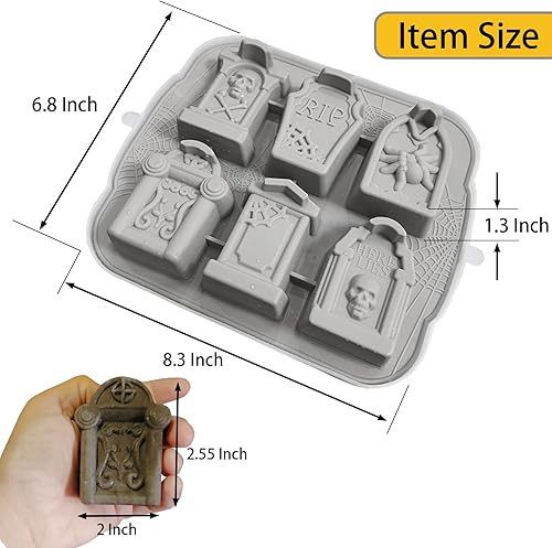 Miniatura 2 de JETKONG Molde en forma de lápida para torta para torta con forma de lápida RIP, molde para chocolate, bandeja para cubitos de hielo (gris)