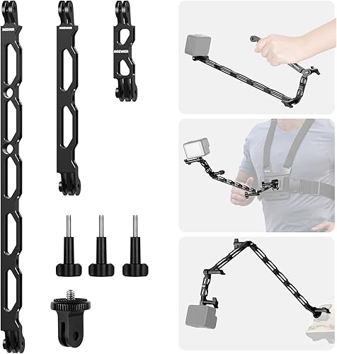 NEEWER Juego de brazos de extensión de aleación de aluminio (11.8"/6.5"/3.3") para cámara de acción con 3 tornillos de pulgar y adaptador de