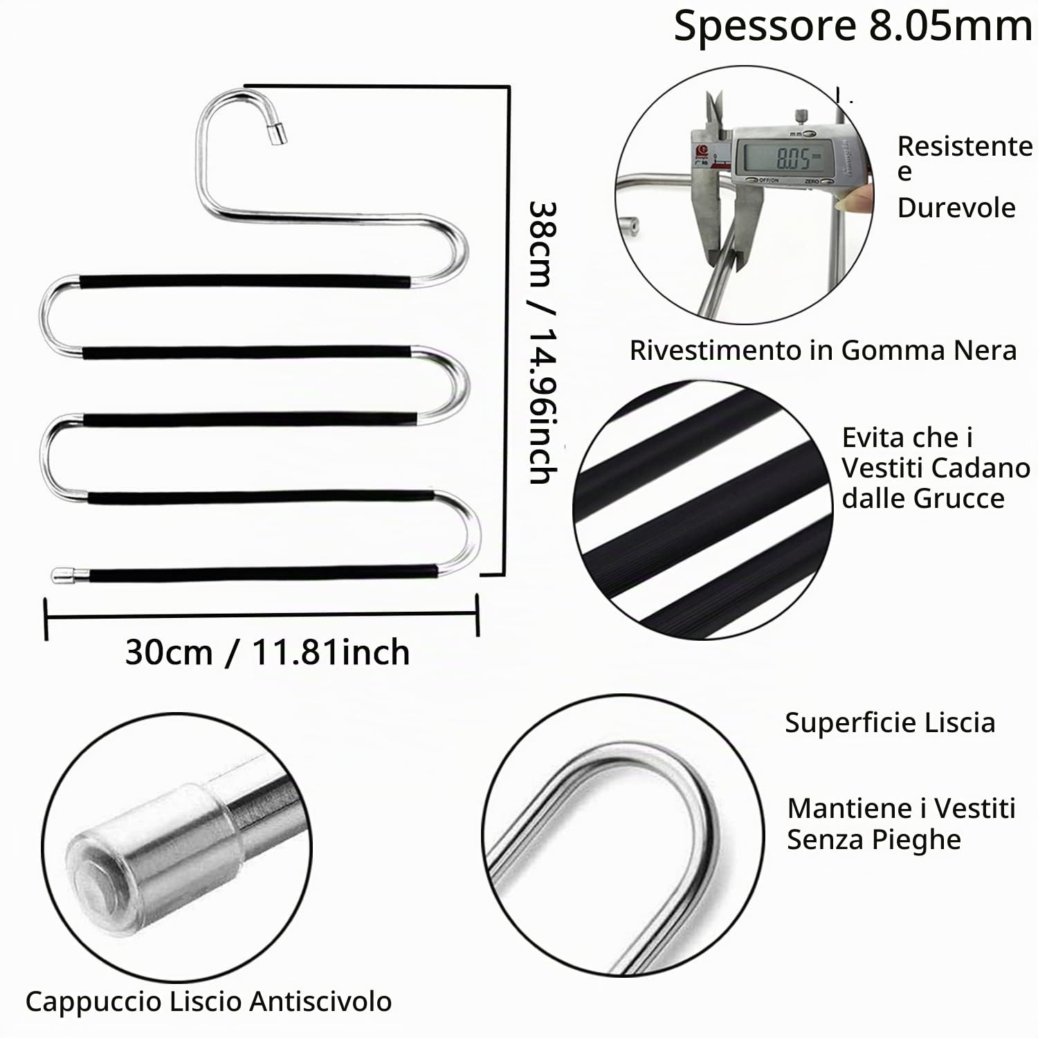 10 grucce salvaspazio per pantalone, in acciaio inox, antiscivolo, tipo S, per vestiti, armadi, organizer per sciarpe, jeans, asciugamani, leggings