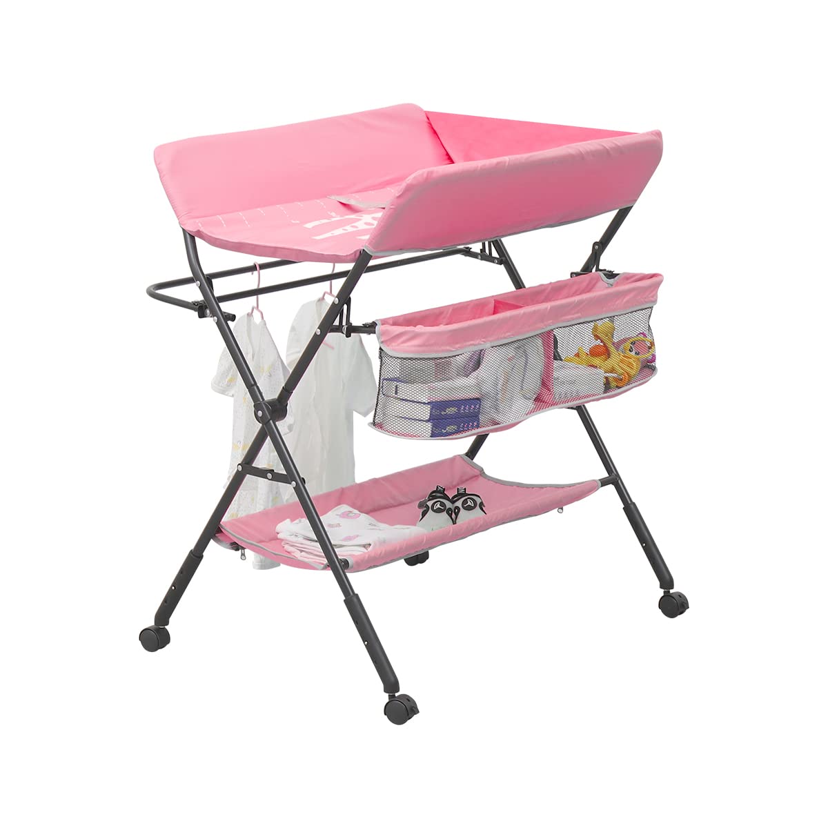 nozama Baby Changing Table Portable Folding Diaper Station with Wheels Adjustable Height Mobile Nursery Organizer for Infant (Pink)