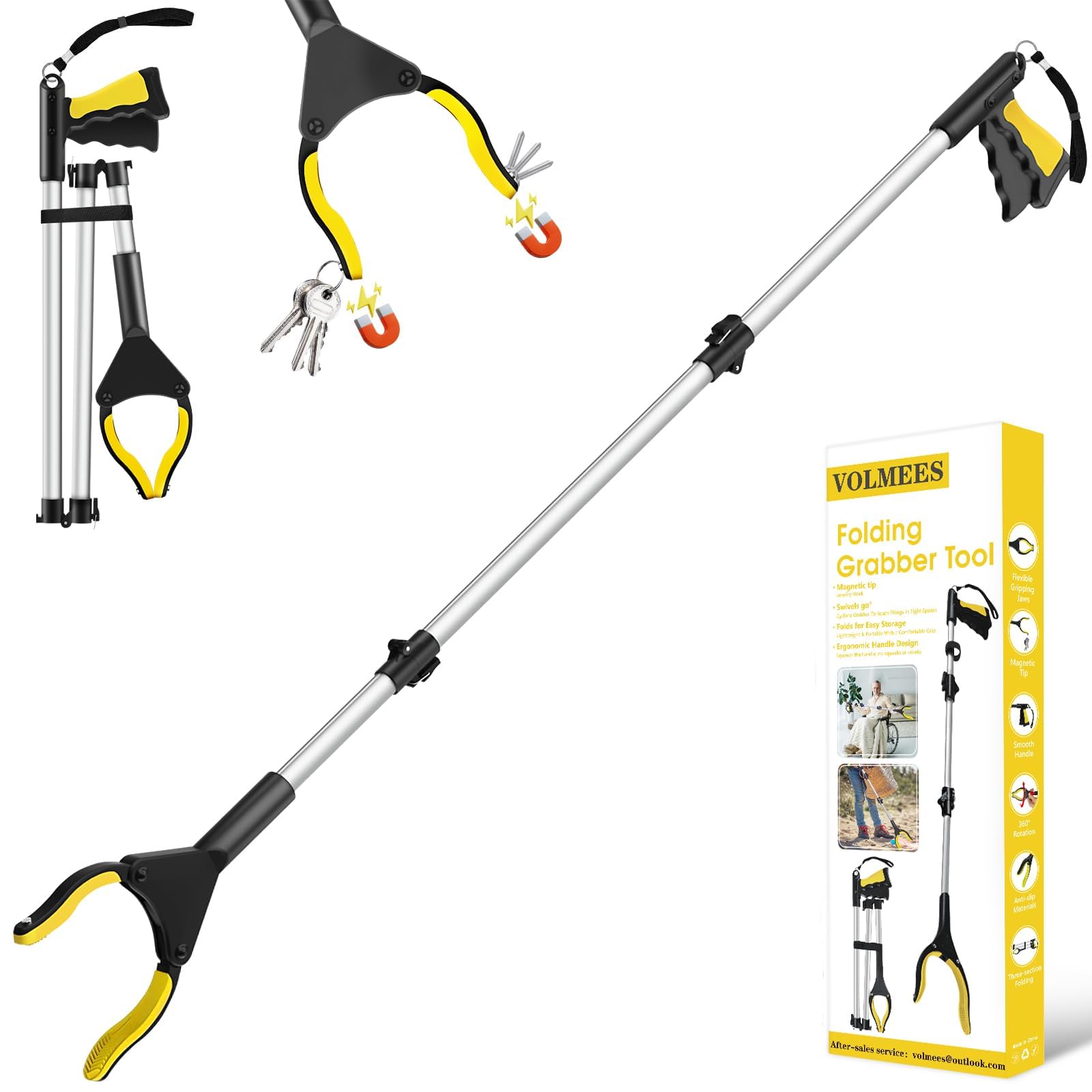 Volmees 44" Extra Long Grabber Reacher Tool, Foldable Grabbers for Elderly Grab it Reaching Tool, Adjustable Rope, 360°Rotating Jaw +2 Magnets, 4" Wide Claw Trash Grabber Pickup Tool, W/Tool Bag