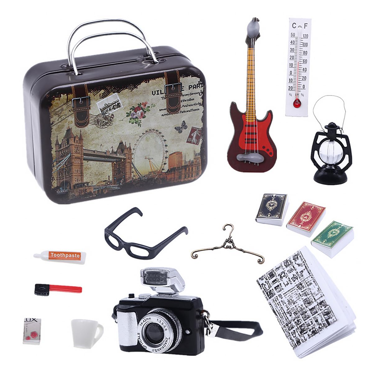 ANCLLO 12 Pieces Miniature Dollhouse Accessories Dollhouse Vintage Travel Set Miniature Garden Furniture Decoration with Cup Camera Guitar Books Glasses etc