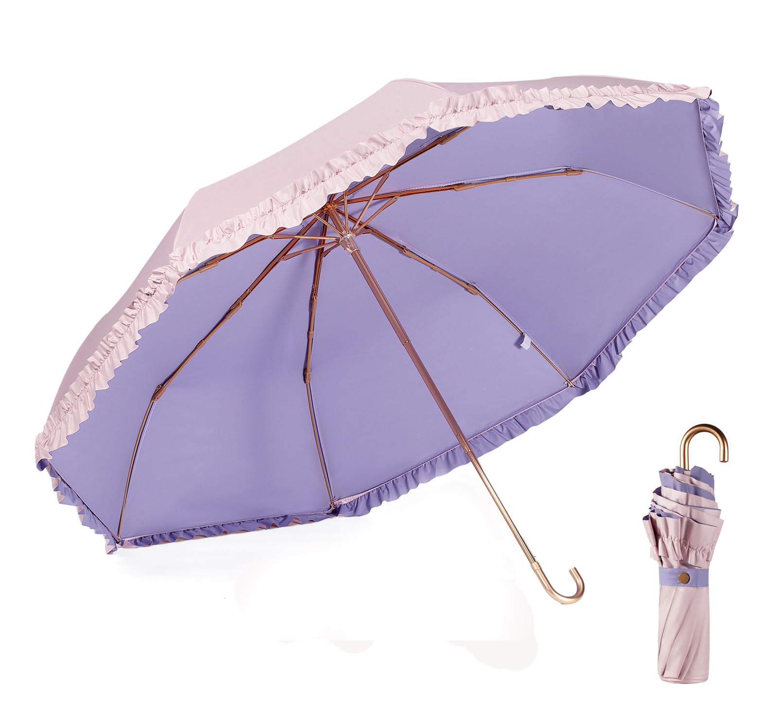 Lcy Pink&Purple Floral Edge Folding Umbrella Anti-Uv Parasol With Hook Handle Sunproof Rainproof & Windproof Umbrella