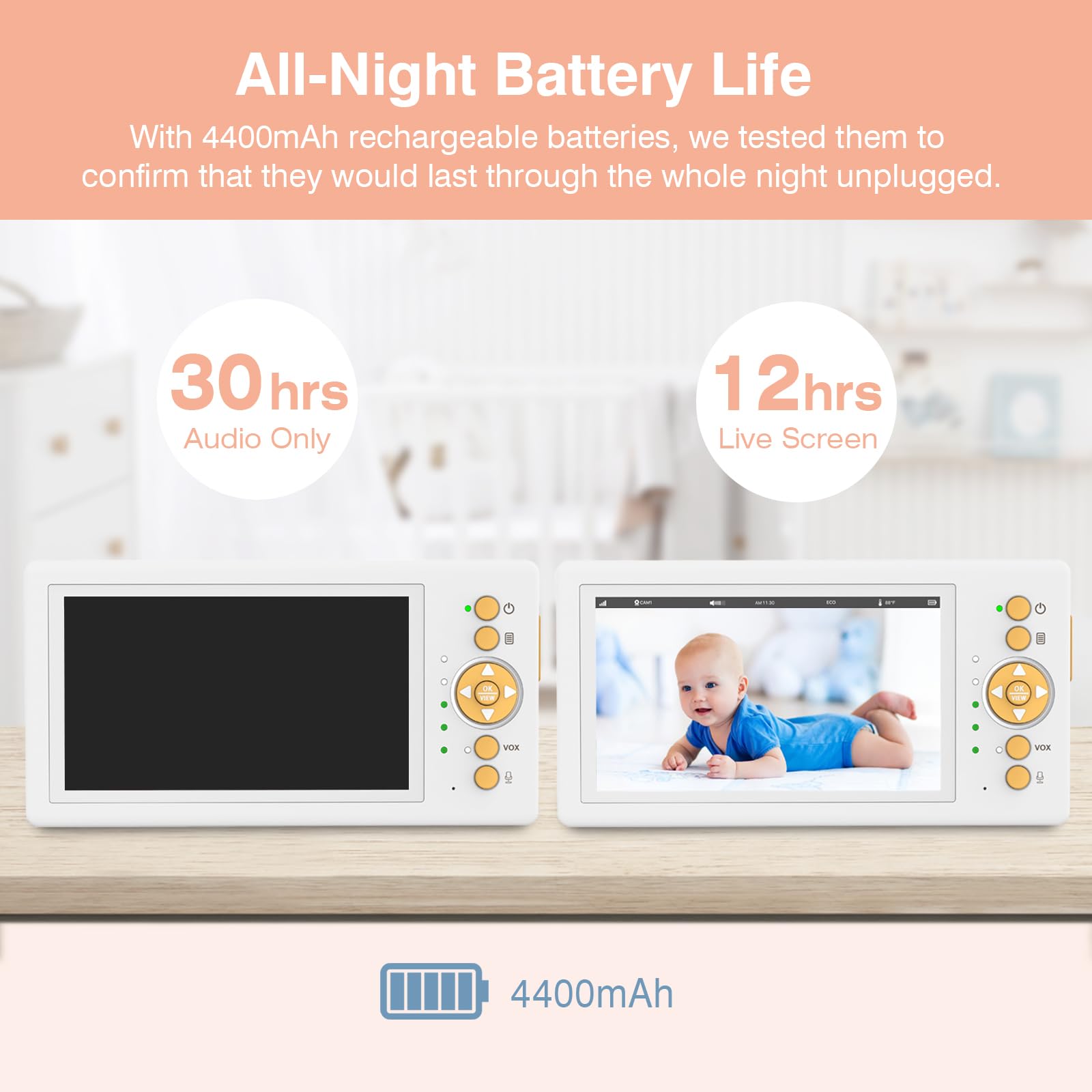 Baby Monitor No WiFi, 5 pollici 720P HD Screen Baby Monitor con fotocamera e audio con 30 ore di durata della batteria, Baby Camera Monitor bidirezionale Talk, VOX, visione notturna a