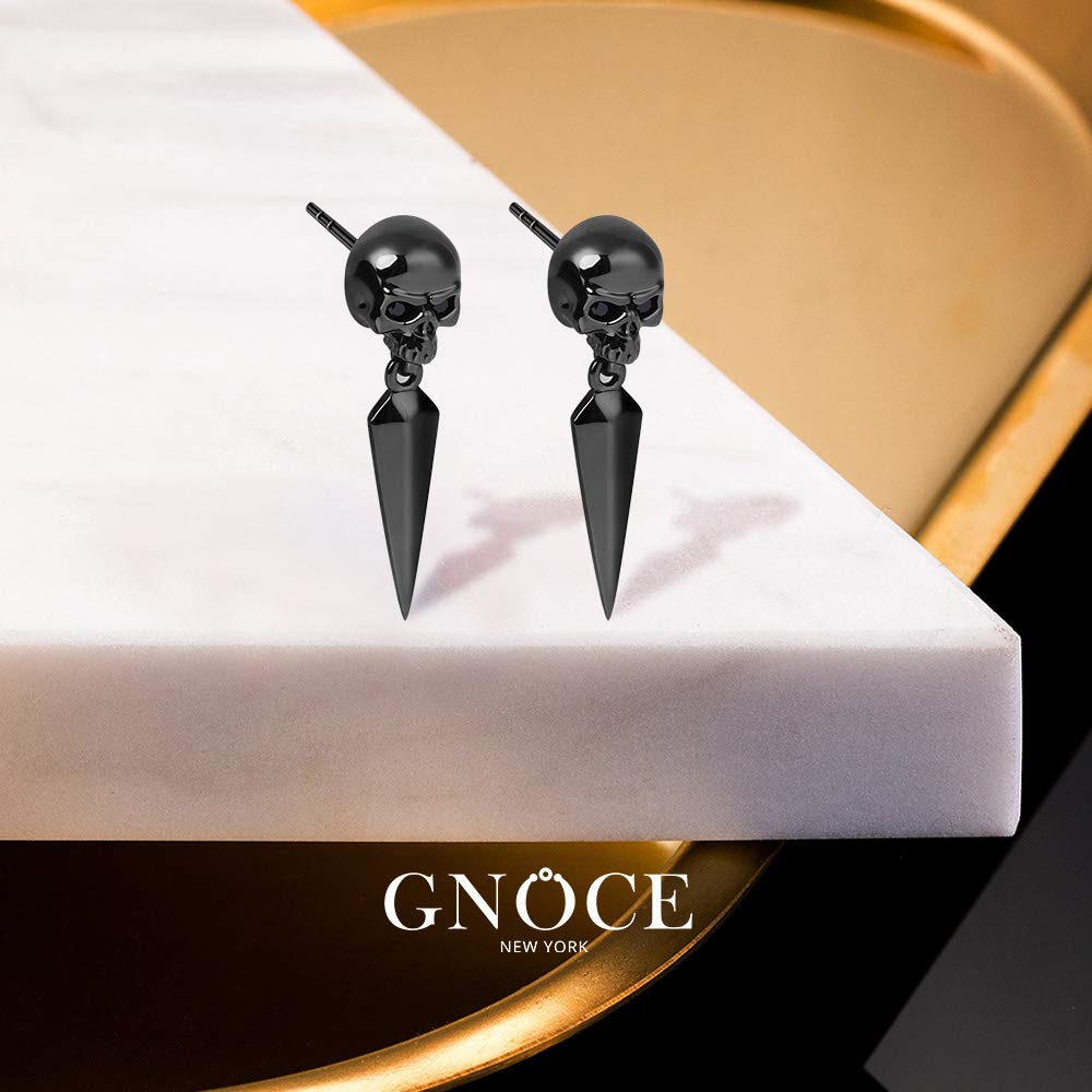 Gnoce Pendientes de calavera de plata de ley con punzón negro, aretes colgantes de moda para mujeres y hombres