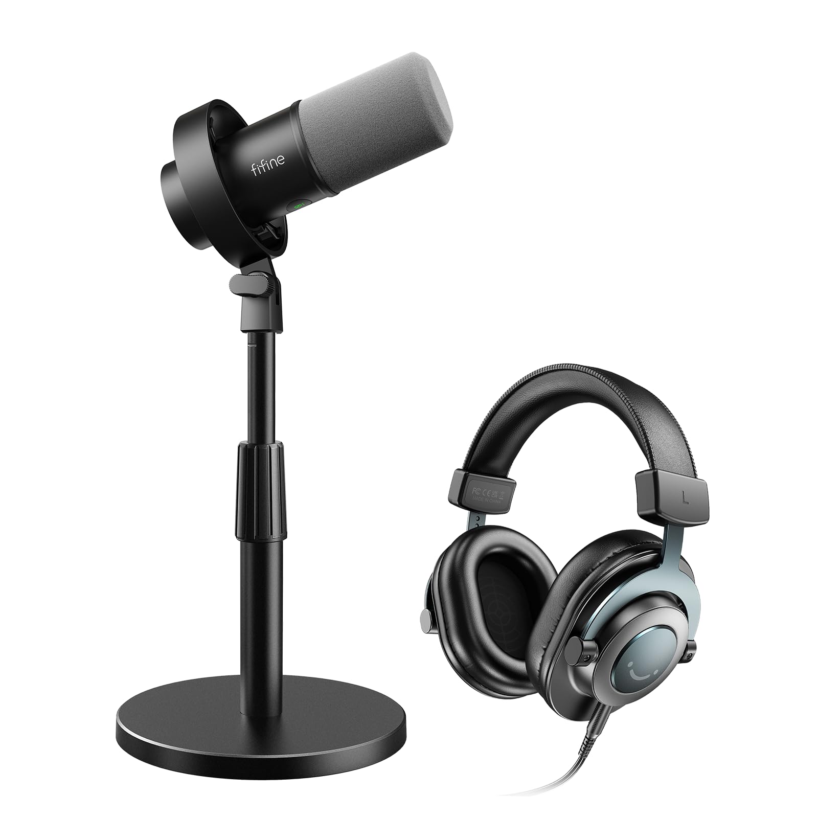 FIFINE Studio Microphone with Desktop Mic Stand &amp; Headphone Kit, XLR/USB Dynamic Mic with Quick Mute &amp; Headphone Jack, Metal Adjustable Table Stand &amp; 3.5mm Monitoring Headset-K688+BS1+H8