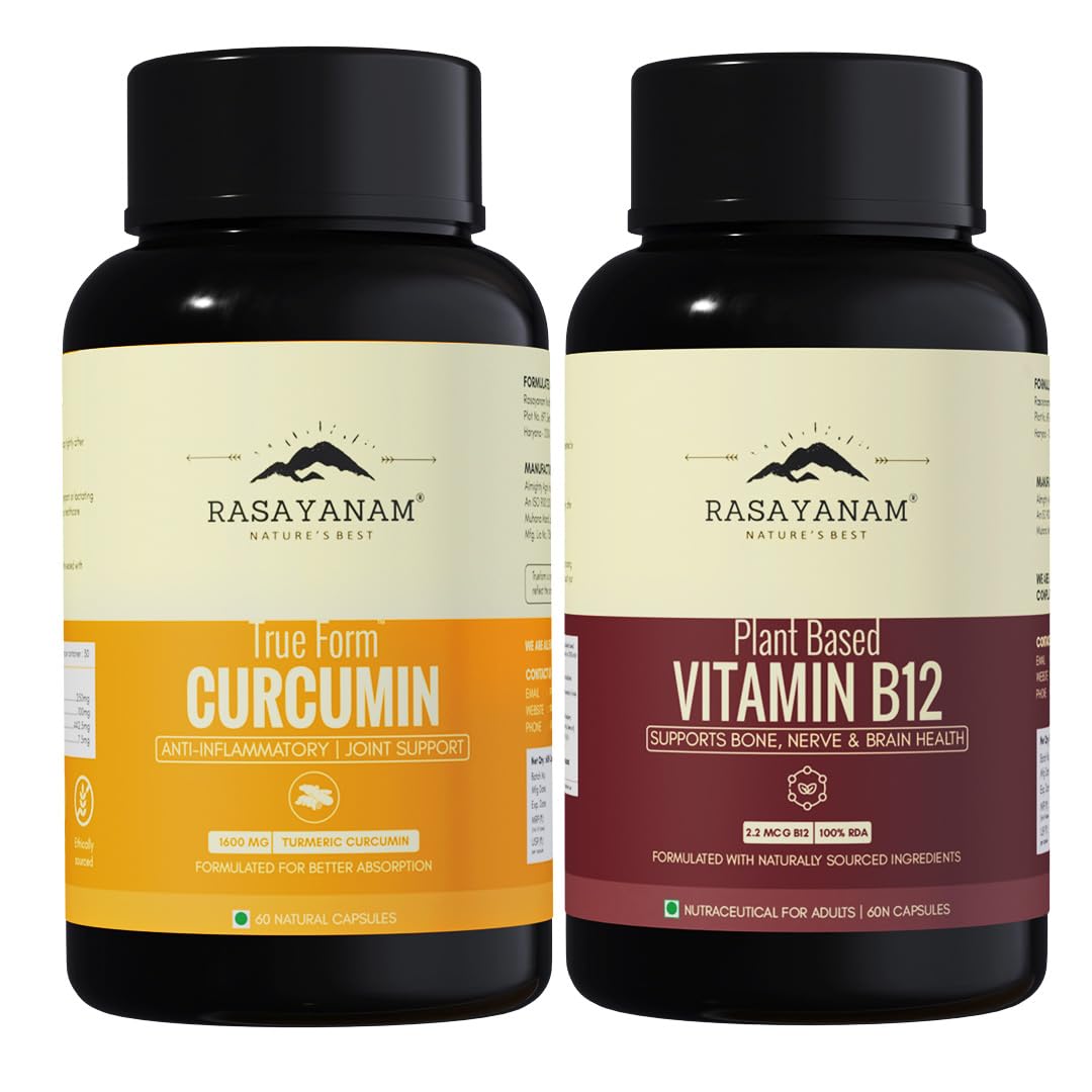 Rasayanam Curcumin + Plant-based Vitamin B12 Combo | 95% Curcuminoids, Piperine & Triple Turmeric Blend + Vegan B12 with 7 Superfoods | Supports Joint Mobility, Inflammation Balance, Energy, Focus & Nerve Health