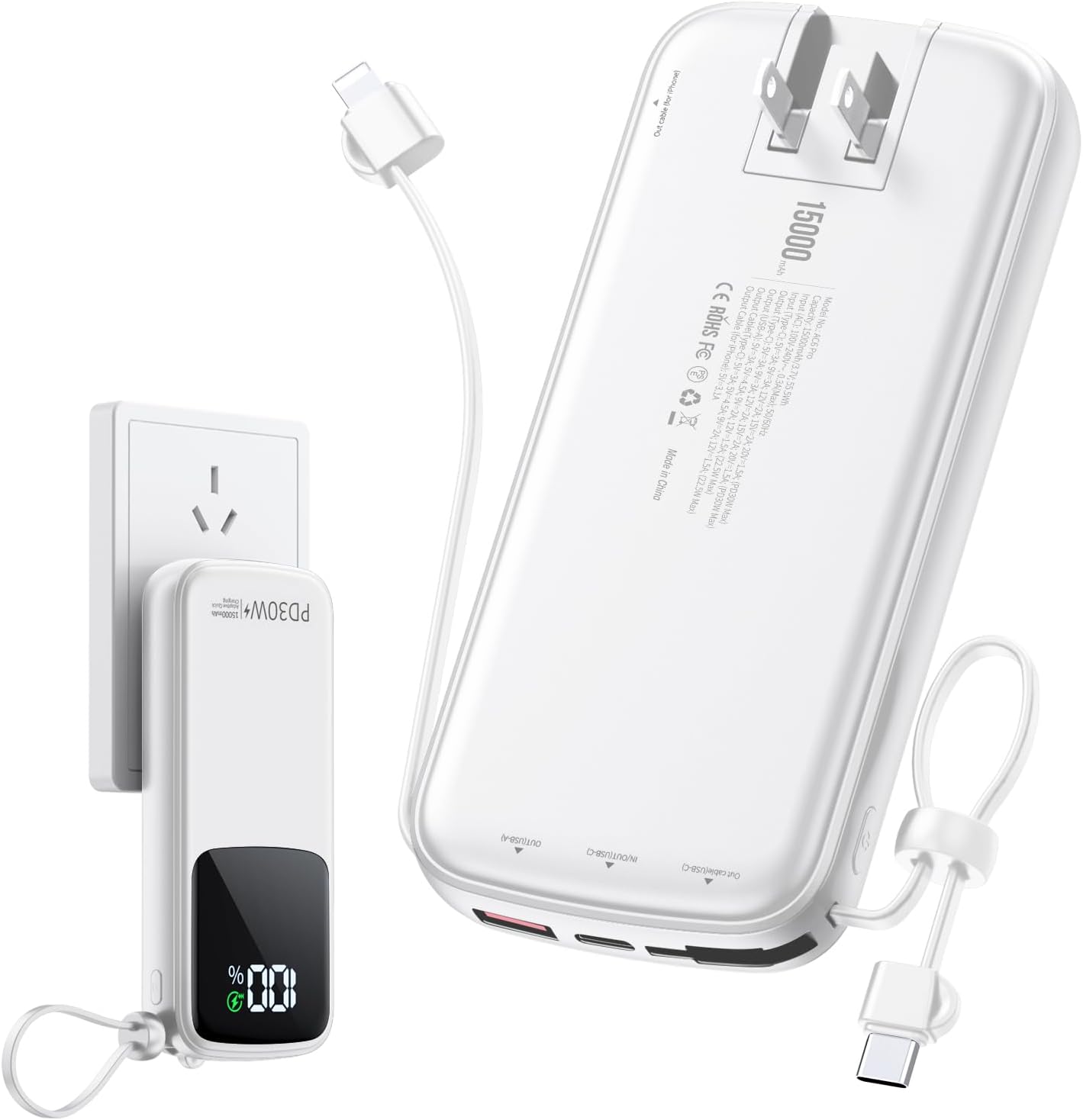 Portable-Charger-Power-Bank – 15000mAh Power Bank Supports PD 30W Fast Charging Built-in AC Wall Plug and 2 Output Cables with LED Display for iPhone iPad and Most Electronic Devices(White)