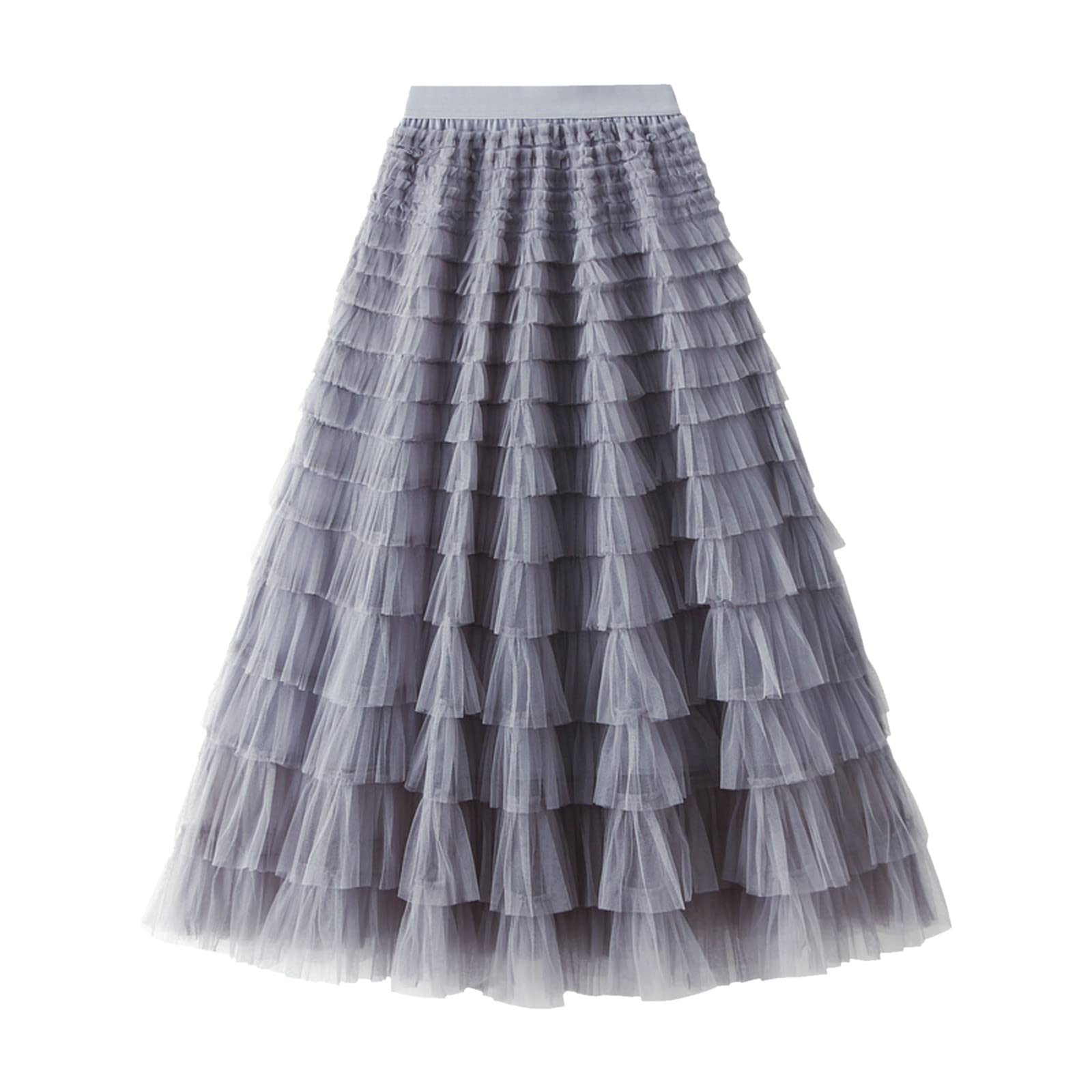 A-Line, Gonna a Pieghe, Gonna Lunga Tutu, Increspature Mesh, Vintage, Lunghezza polpaccio, Chiffon, Vita alta, Gonna a bolle con fibbie