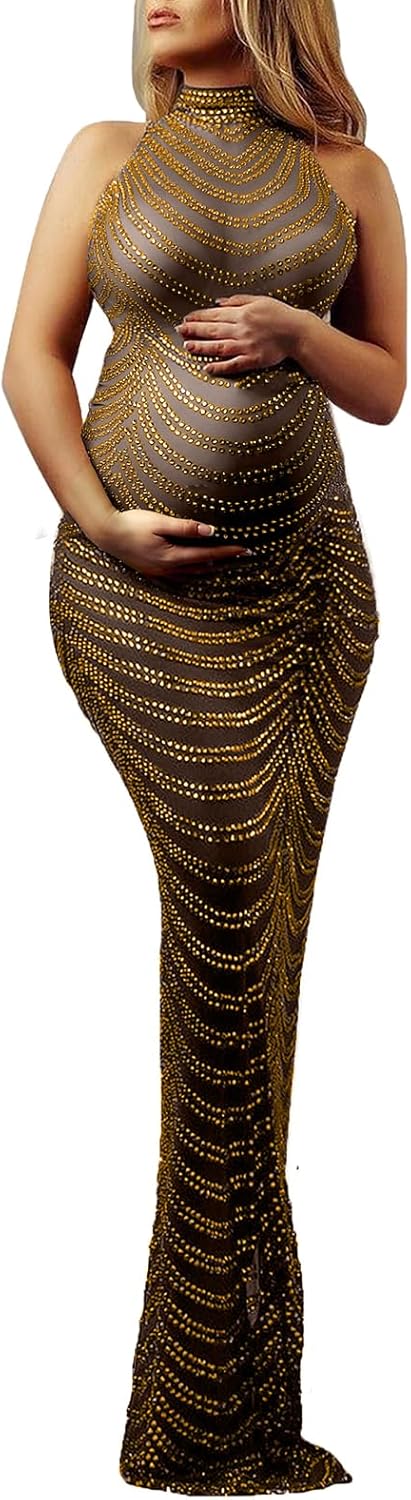 Dedysler Maternity Photography Gown Sleeveless Sexy Shiny Rhinestone Photoshoot Dress for Baby Shower