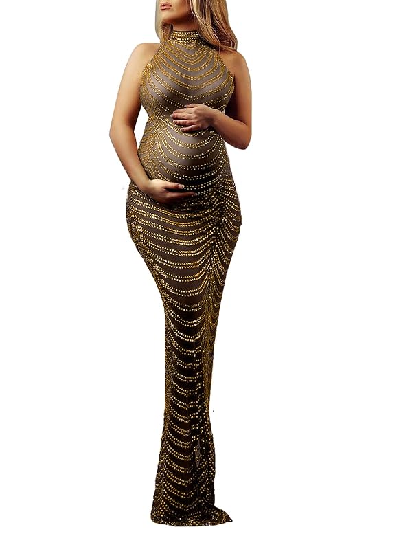 Dedysler Maternity Shiny Goddess Rhinestone Mesh Photoshoot Gown Long Skirts Sheer Bodycon Dress for Baby Shower Women's Nightclub Party Dress (Coffee L) by Dedysler - Used condition - US$44.49