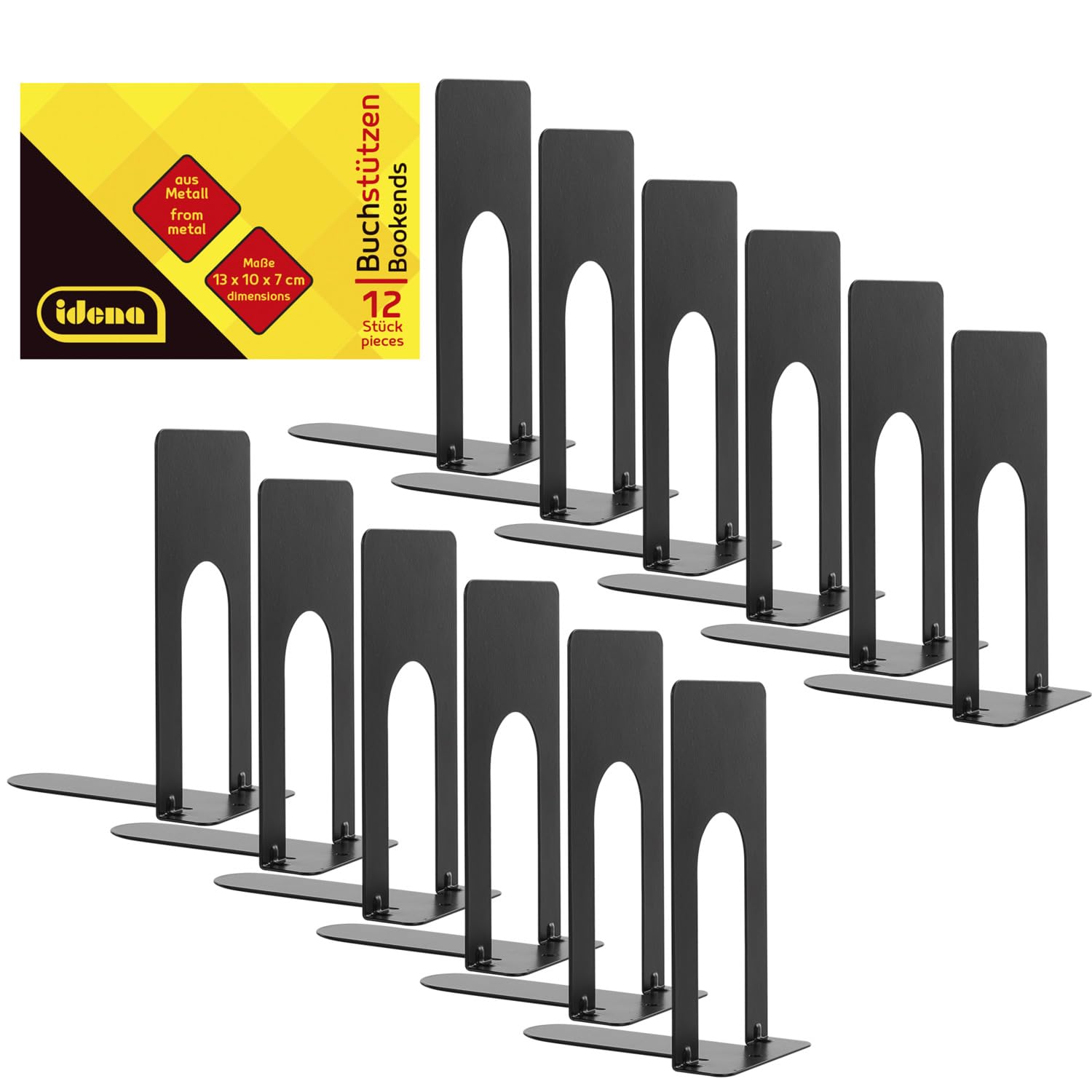 Idena 11110 - Sujetalibros de metal en negro, 12 sujetalibros de 13 x 10 x 7 cm, sujetalibros para estanterías