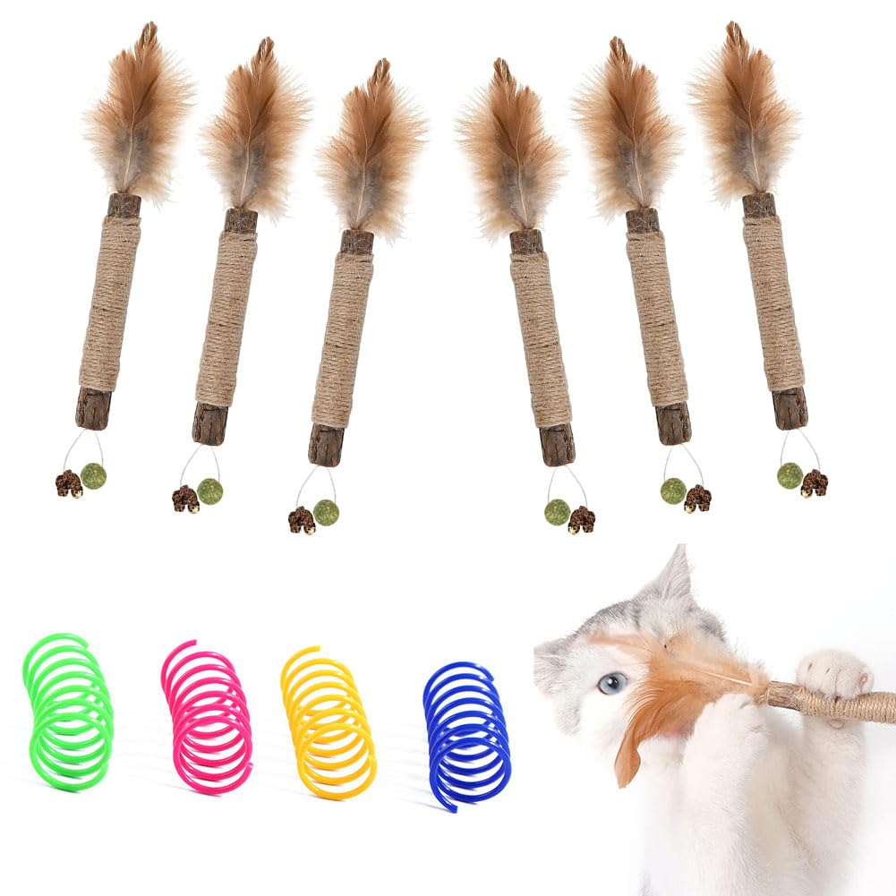 Palitos de Hierba Gatera para Gatos,Masticar Palos Gato,Palitos de Catnip para Gatos,Palitos para Masticar Gato Juguete,Juguete Hierba Gatera+Juguetes para Gato con Muelles,Estilo Pluma,10pcs