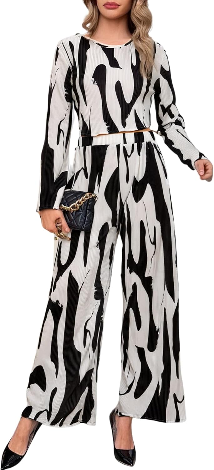 Verdusa Women’s 2 Piece Sets Dressy Brunch Outfits Bell Sleeve Pleated Crop Top Pants Business Casual Outfit