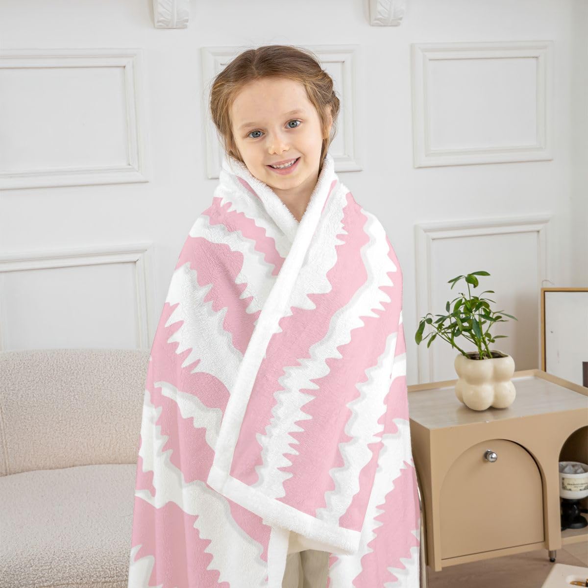 Homewish Różowy koc polarowy z nadrukiem zebry, podwójny, 152 x 203 cm, abstrakcyjne paski zebry, ciepły, pluszowy koc sherpa, efekt rozmycia, nadruk zwierzęcy, puszysty, pluszowy koc do salonu