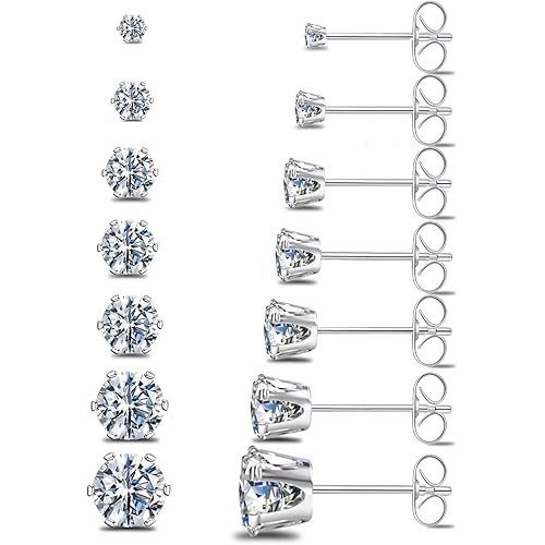 Silver Gold Black Stud Earrings Set 7Pairs Hypoallergenic Cubic Zirconia Titanium Stainless Steel Silver Rose Gold Black CZ Cartilage Stud Earrings Jewelry Sets for Women Men, 2-8mm CZ Studs Earrings