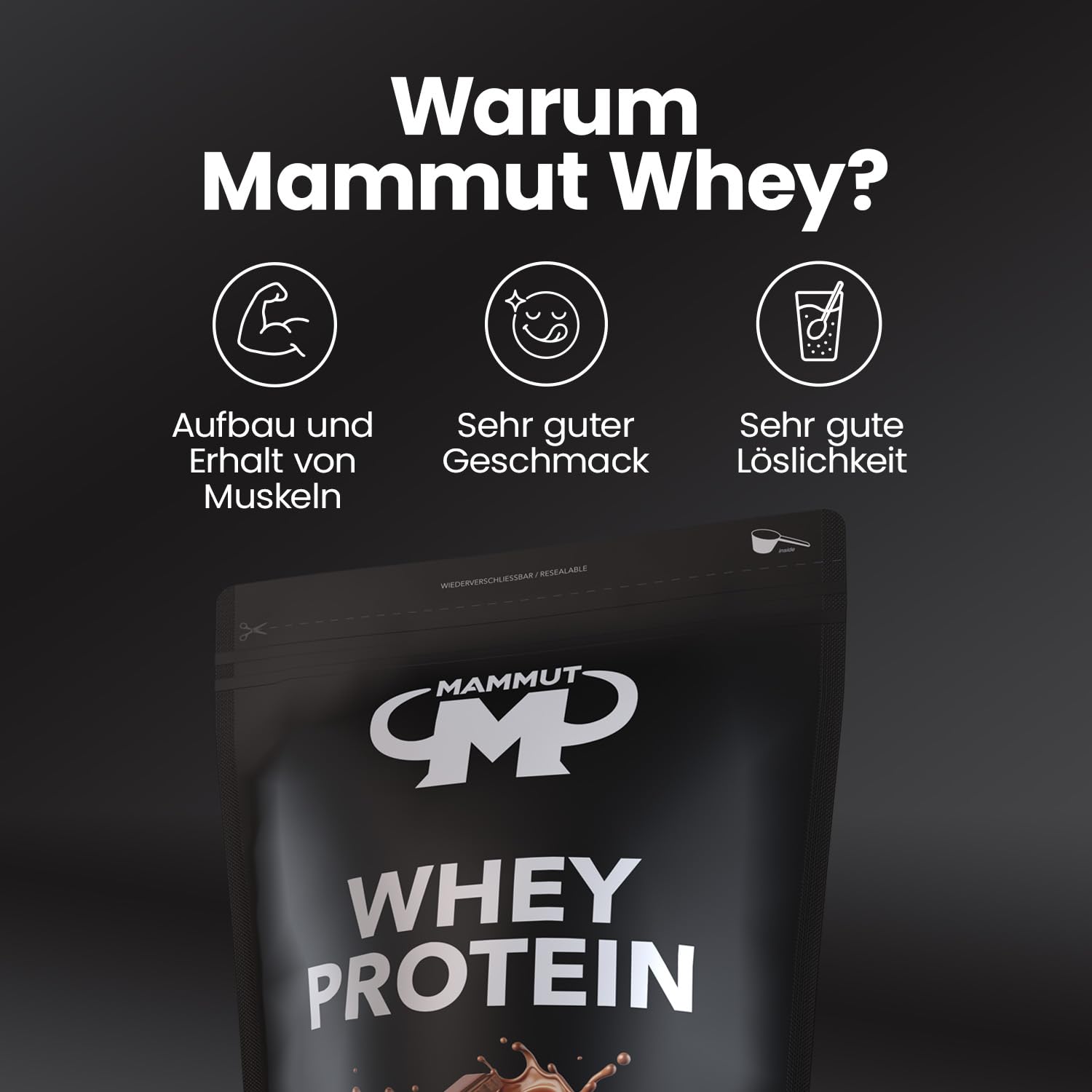 Mammut Nutrition Whey Protein Pulver Chocolate – 1kg – 27g Protein pro Portion – Eiweißpulver mit hohem BCAA-Anteil – Perfekte Löslichkeit in Wasser & Milch – Ideale Zwischenmahlzeit