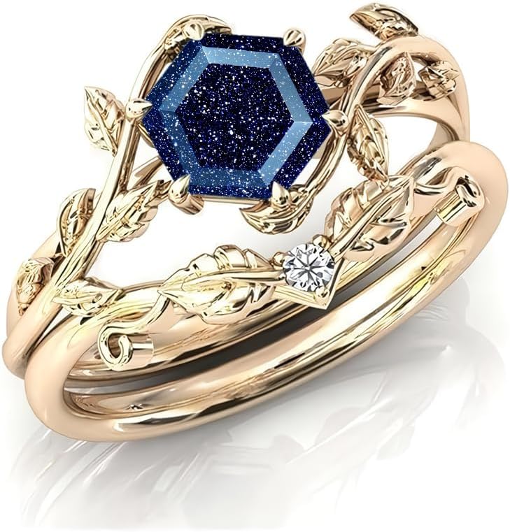 Gemstone Engagement Ring Set 1ct Hexagon Cut Gemstone and Moissanite Wedding Ring Sets for Women Art Deco Vine Leaf Bridal Sets Anniversary Promise Ring