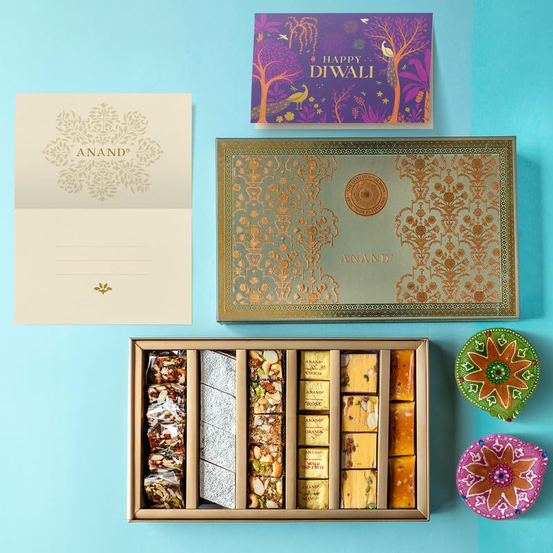 Image of ANAND Nature Diwali Sweets Gift Box 1000Gm | Anjeer Burfi, Kaju Katli, Kardant, Meetaz, Sohan Papdi, Dry Fruit Mysore Pak | Pure Ghee | No Preservatives | With Diya And Card