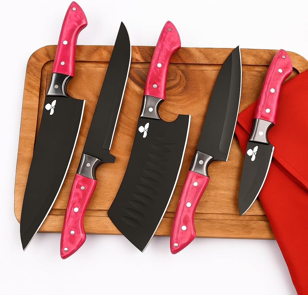 Professional Chef Knife Set, 5-Piece, Black Coated Blades, Pink Wood Handles