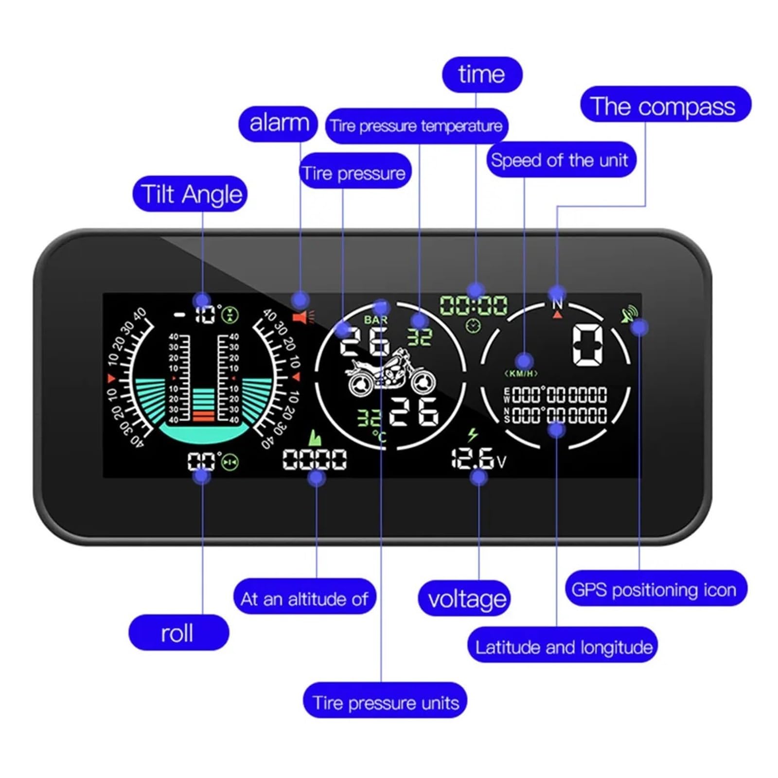 Pantalla Frontal For Motocicleta F3 HUD, Velocímetro GPS, Ángulo De Inclinación, Monitoreo De Presión De Neumáticos, Brújula De Voltaje De Tiempo De Altitud para todos los vehículos