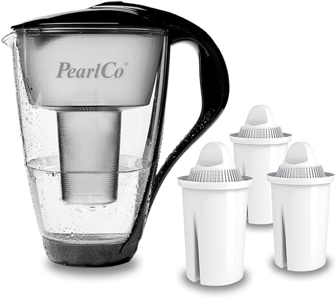 title=PearlCo- Filtro per Acqua in Vetro (Nero) con 3 cartucce filtrante Universal