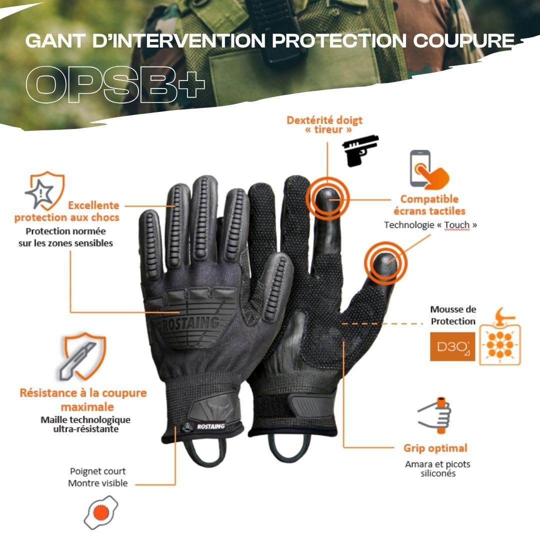 ROSTAING Guantes tácticos OPSB+ – Par de guantes de intervención reforzados – Ideal para actividades de Airsoft, Paintball y Caza – Compatible con pantallas táctiles, anticorte y protección contra