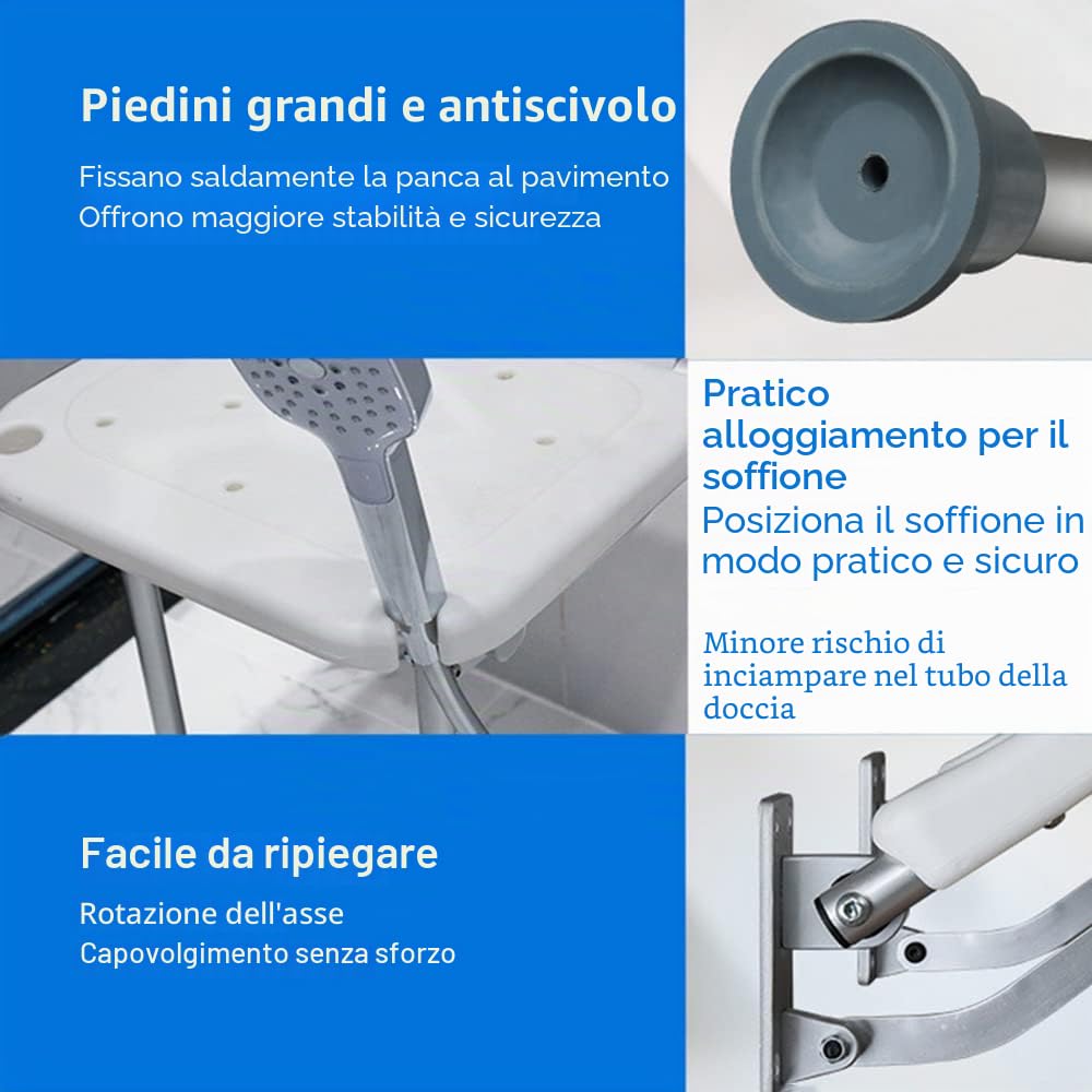 Panchina da doccia pieghevole a parete, per vasca da bagno, con piedini antiscivolo, fori di scarico per anziani con disabilità