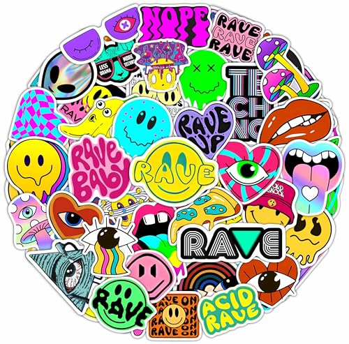 Image of 100Pcs Rave Stickers for Water Bottle and Laptop - Trippy Stickers, Psychedelic Party Favors & Decorations, Waterproof Vinyl Festival Decals, Gifts for Women & Men